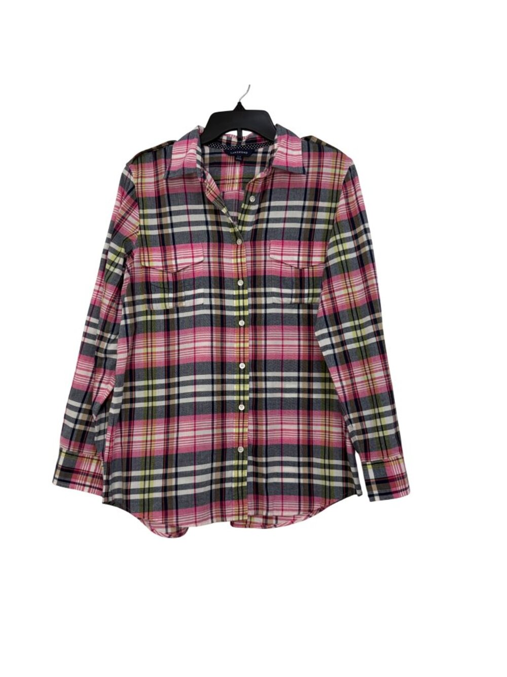 Lands End Women Plaid Button-Up Shirt Size M  Pink & Multi-Color Cotton Blend